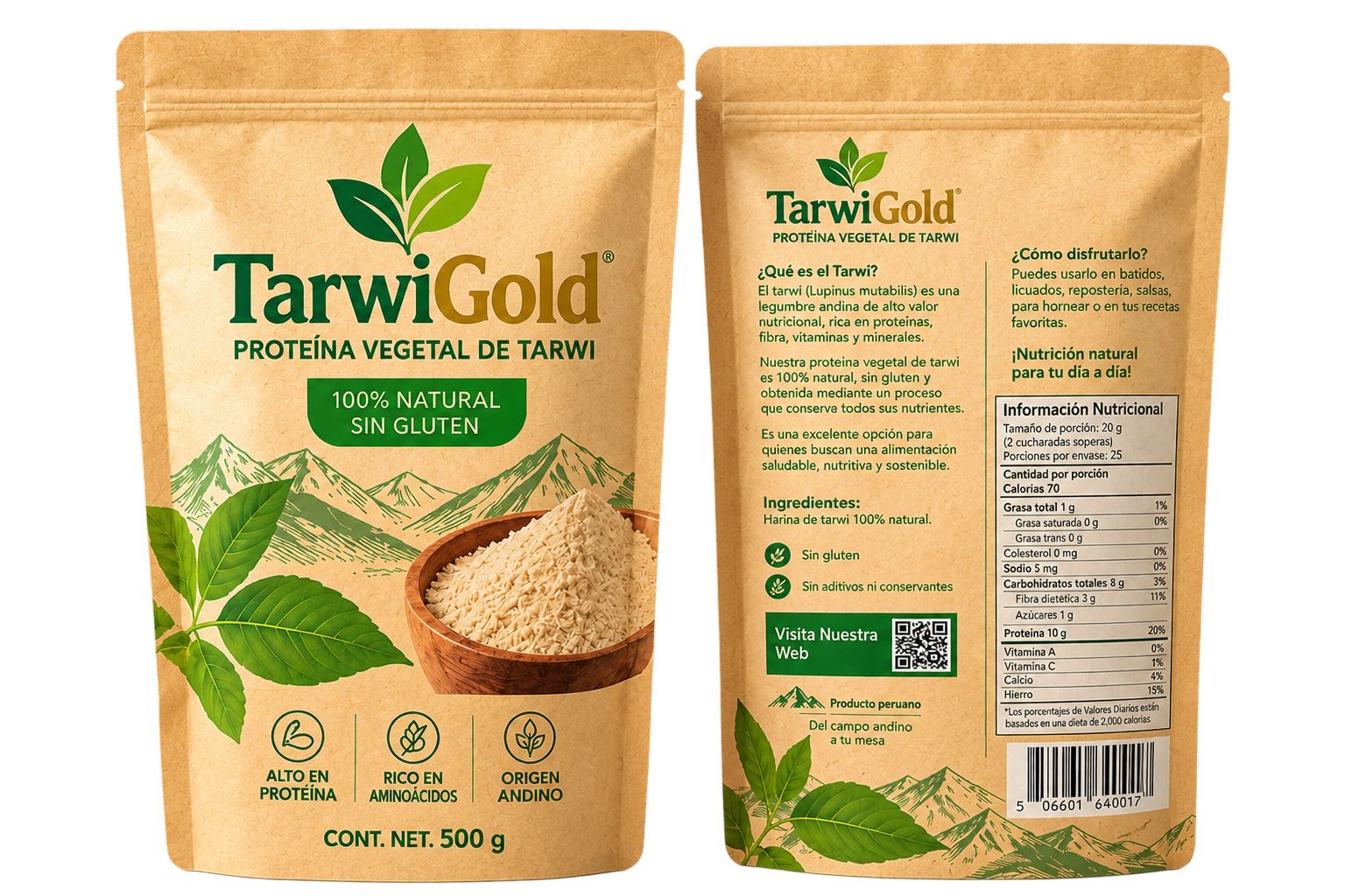 Envase doypack de TarwiGold Protein, proteína vegetal de tarwi boliviano